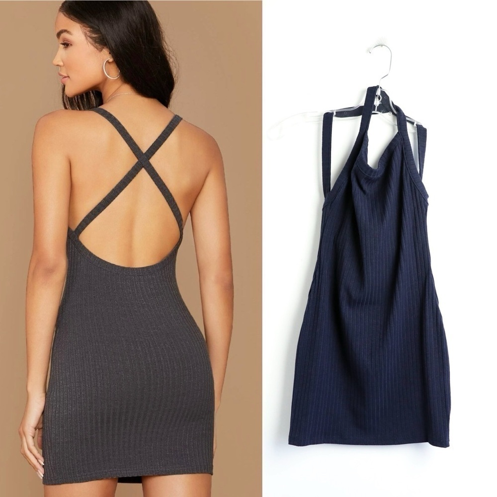 SHEIN Crisscross Open Back Rib-knit Bodycon Dress mini short slim fit new navy M